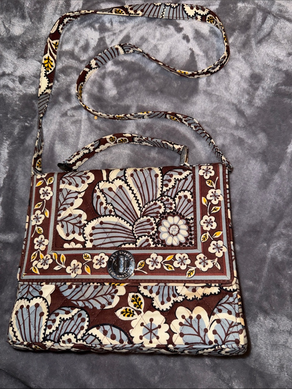 Vera Bradley Brown Floral Quilted Small Crossbody with Blue & Cream Accents